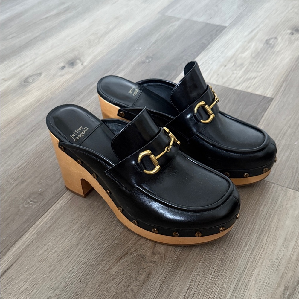 jeffrey campbell Black Leather Mules with Gold Hardware 8.5